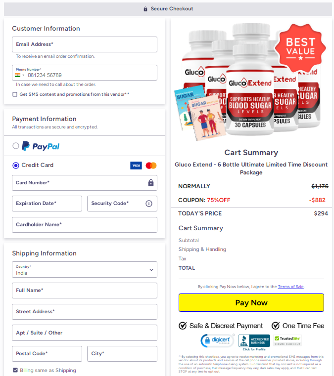 Gluco Extend checkout page